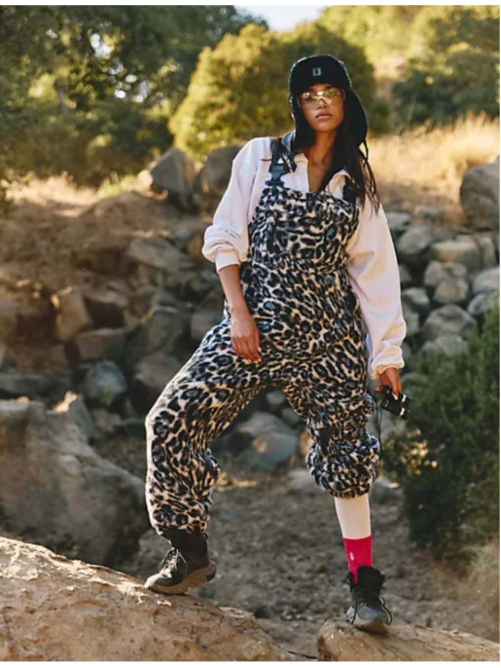 Women's Free People Leopard Print Fleece Overalls Black White Size XS